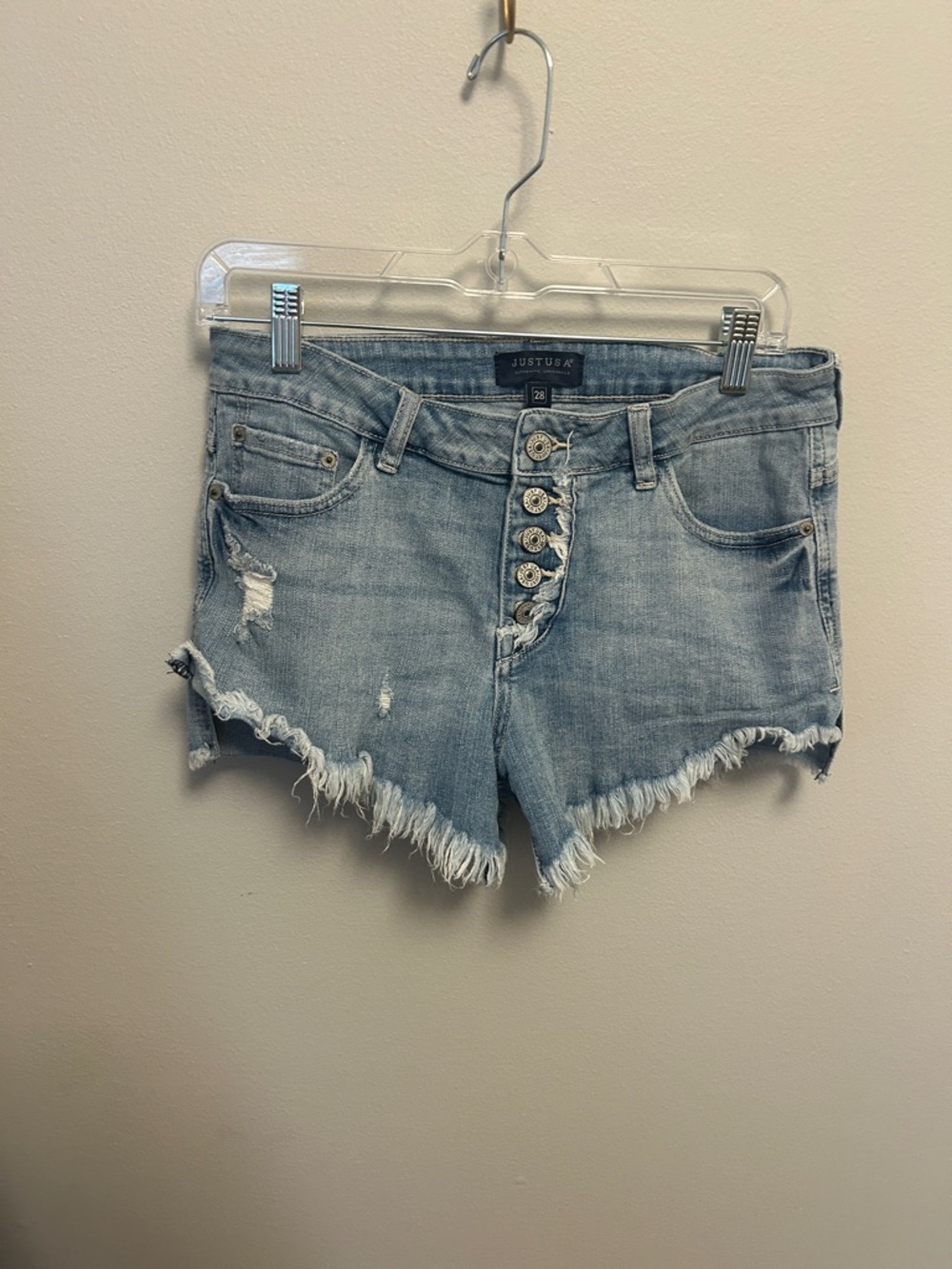 Just USA Faded Light Blue Button-Front Frayed Denim Shorts